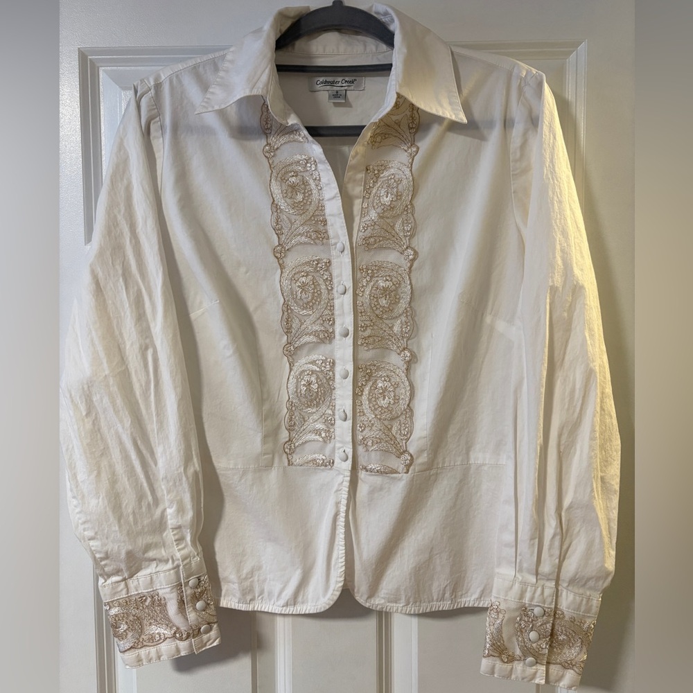 Coldwater Creek White Button-Up Shirt with Embroidered Details
